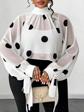 Classic Sheer White Polka Dot Tie Sleeve Blouse Top Shirt
